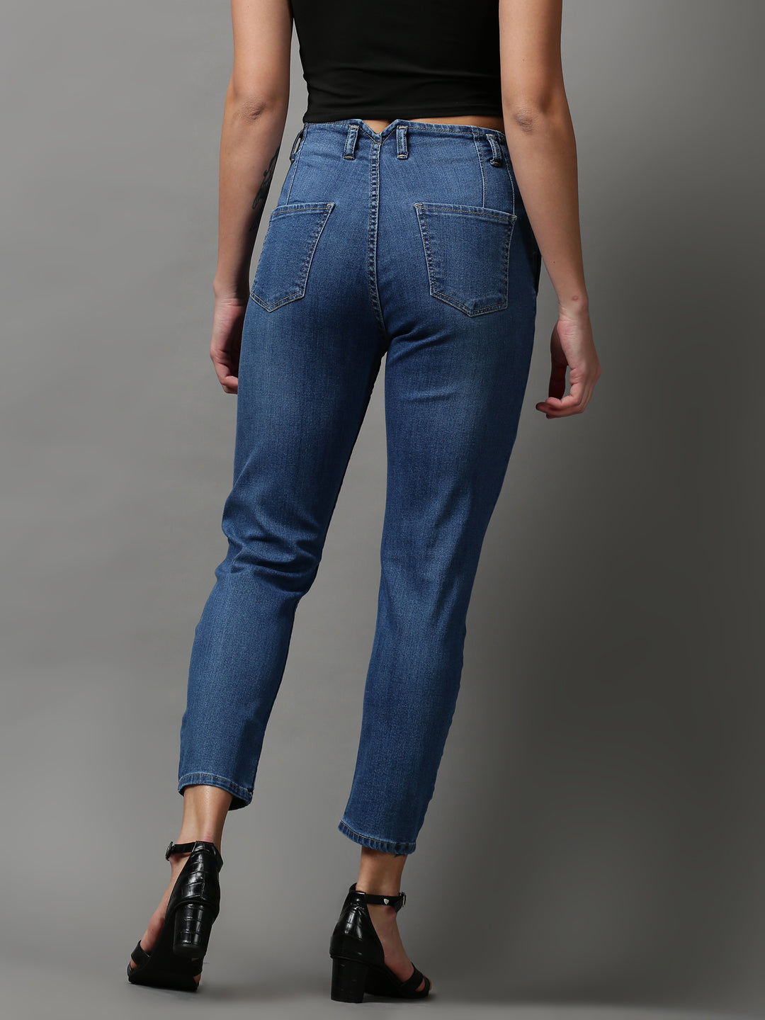 Women's Blue Solid Wide Leg Denim Jeans