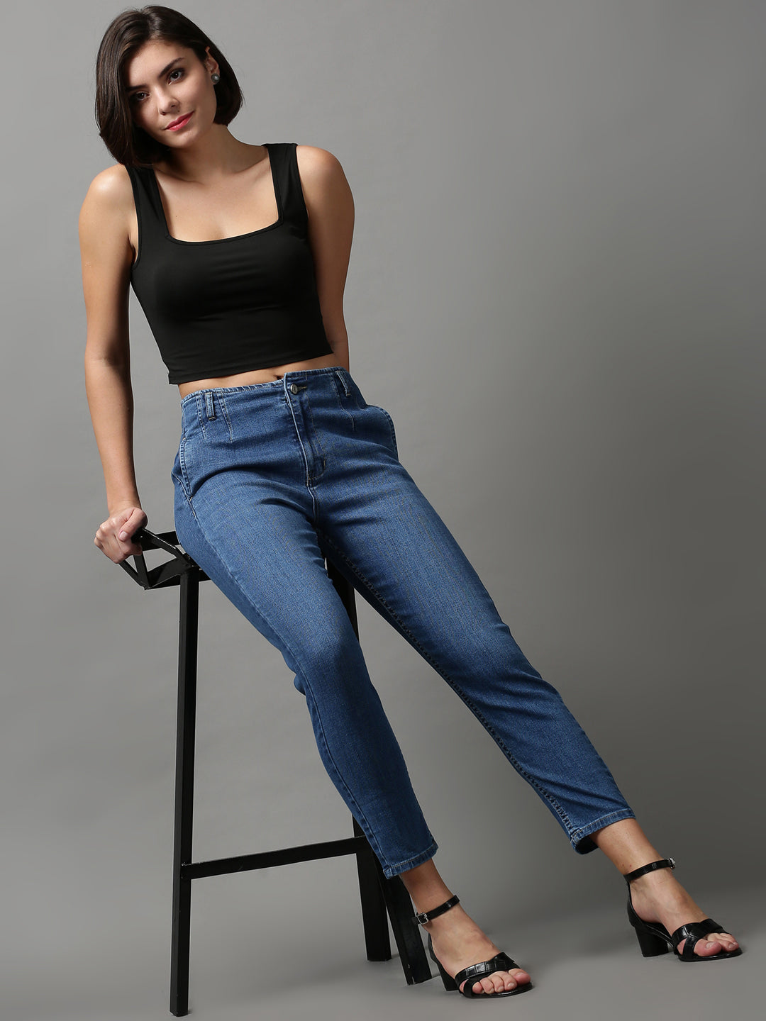 Women's Blue Solid Wide Leg Denim Jeans