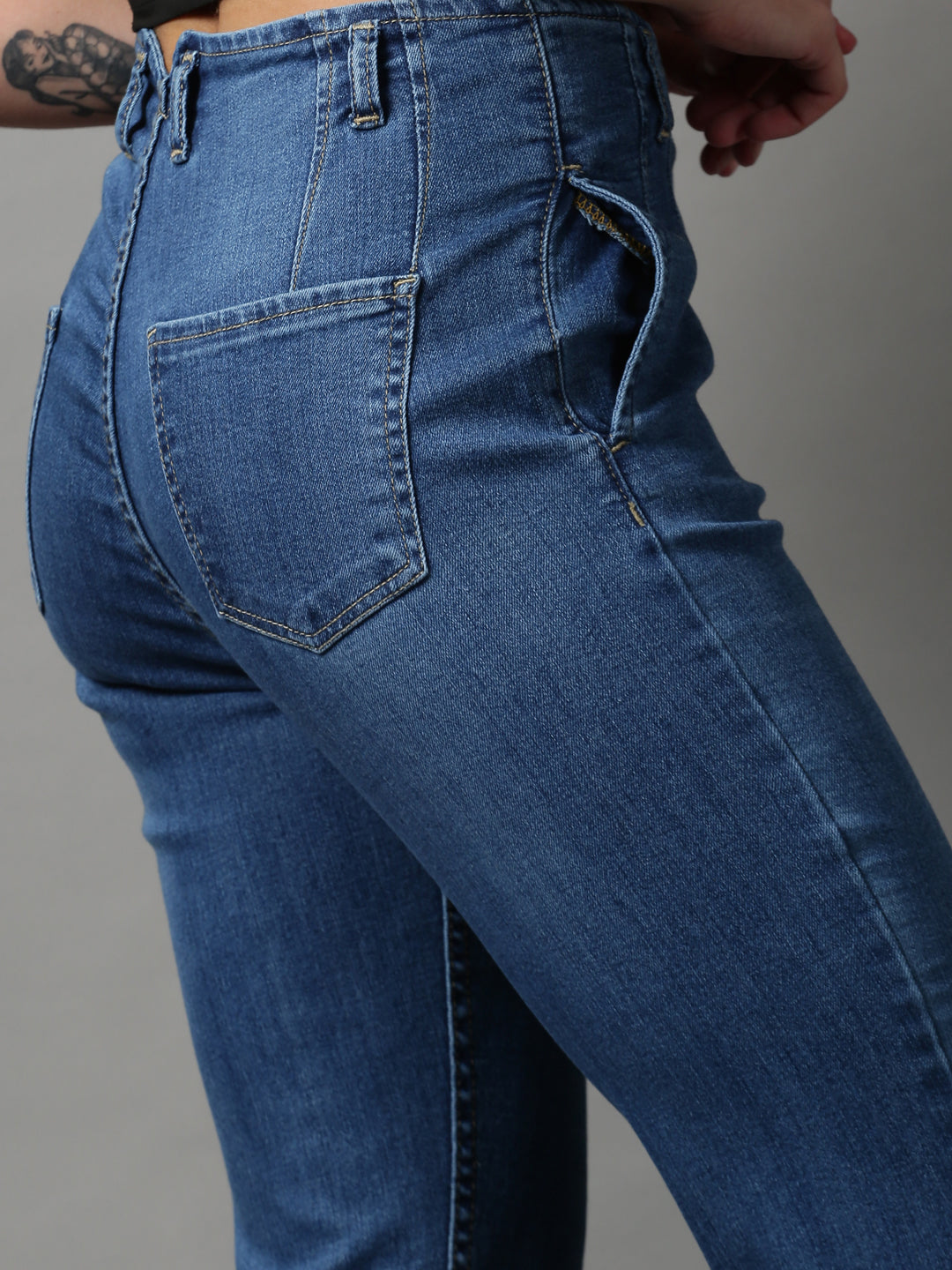 Women's Blue Solid Wide Leg Denim Jeans