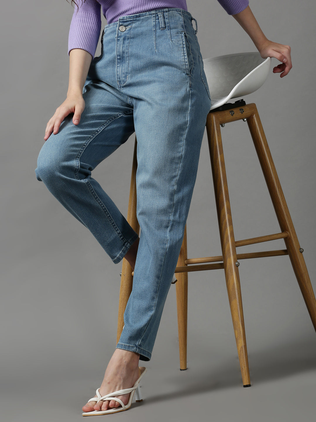 Women's Blue Solid Wide Leg Denim Jeans