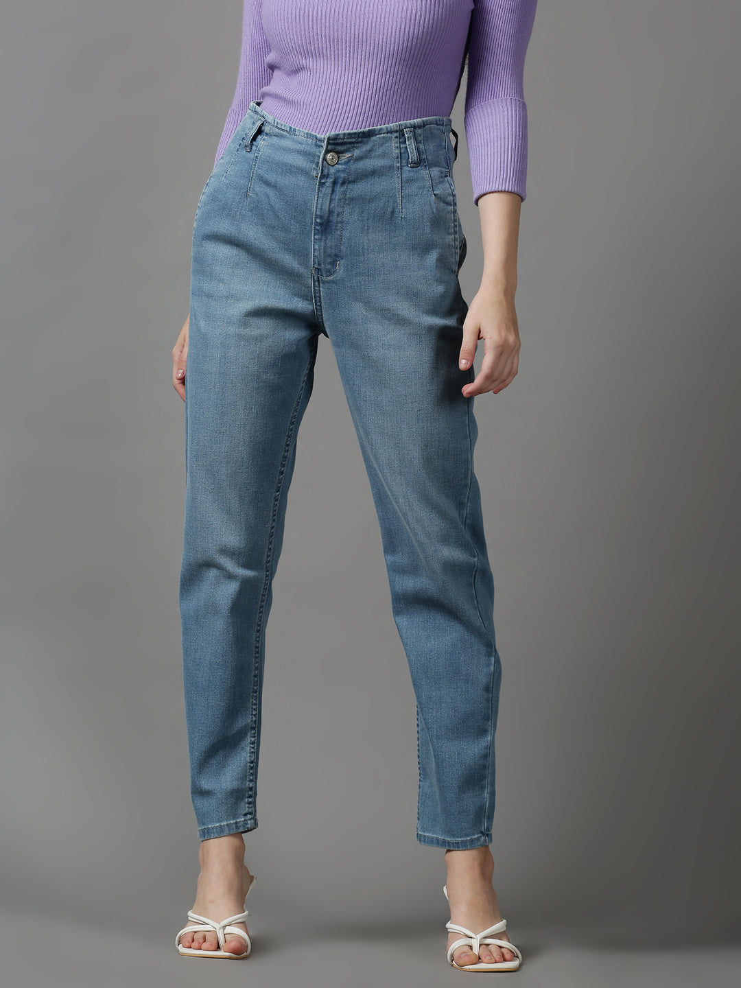 Women's Blue Solid Wide Leg Denim Jeans