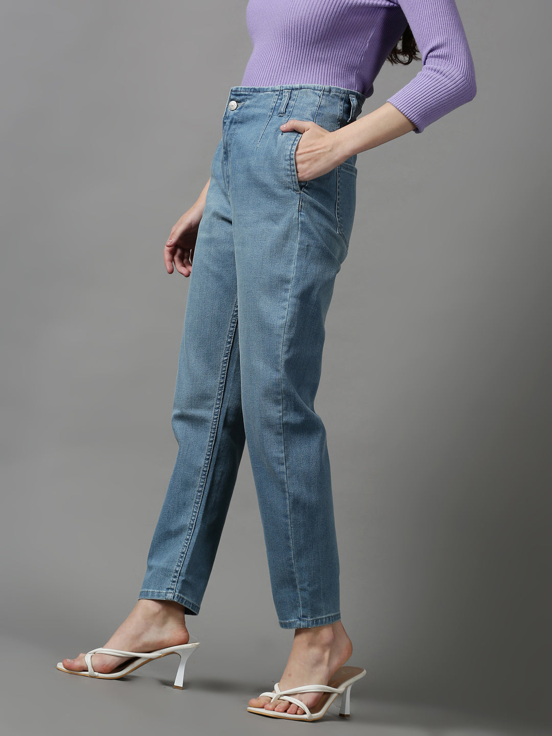 Women's Blue Solid Wide Leg Denim Jeans