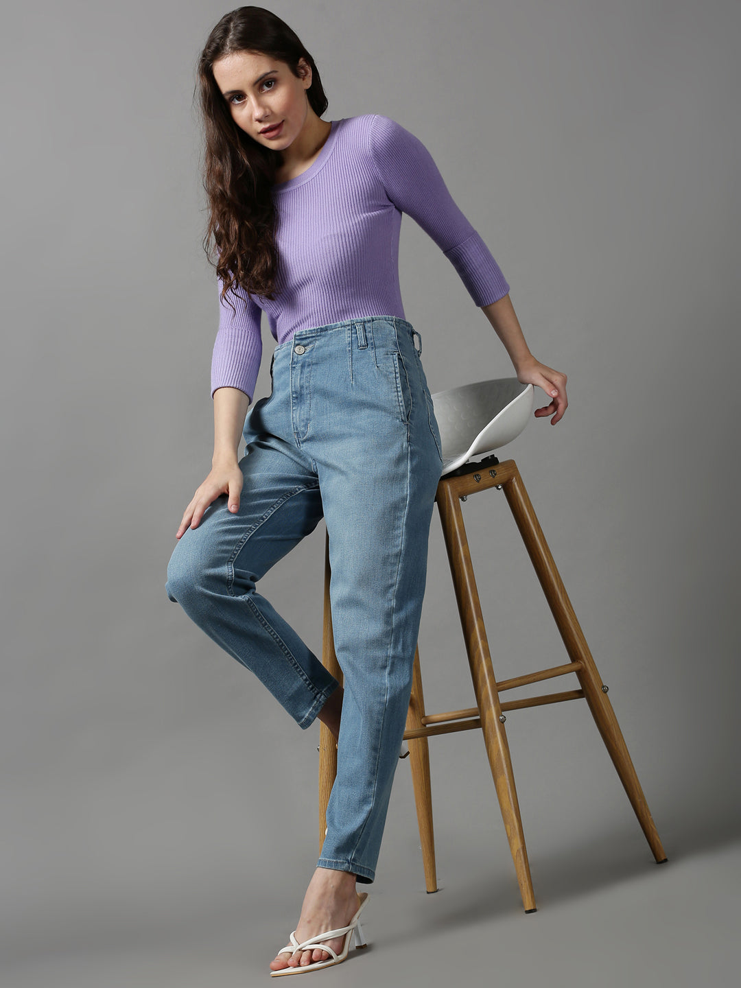 Women's Blue Solid Wide Leg Denim Jeans