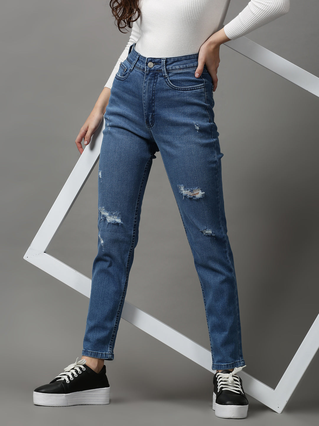 Women's Blue Solid Slim Fit Denim Jeans