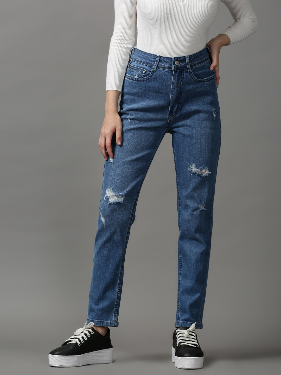 Women's Blue Solid Slim Fit Denim Jeans