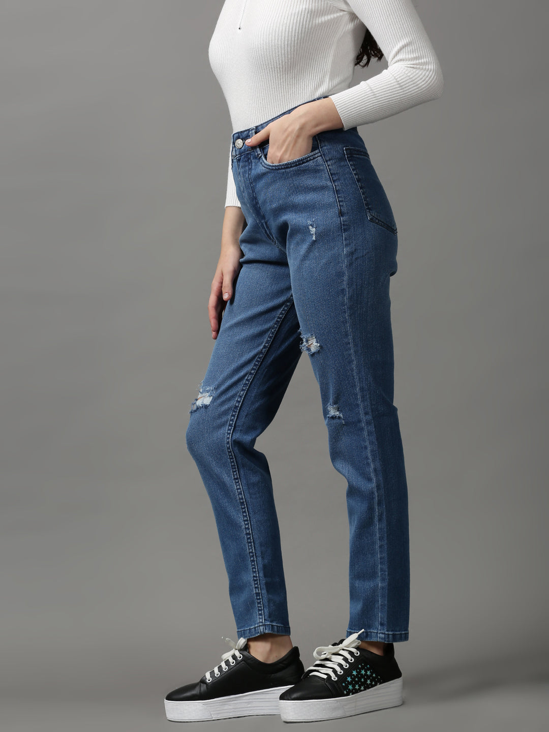 Women's Blue Solid Slim Fit Denim Jeans