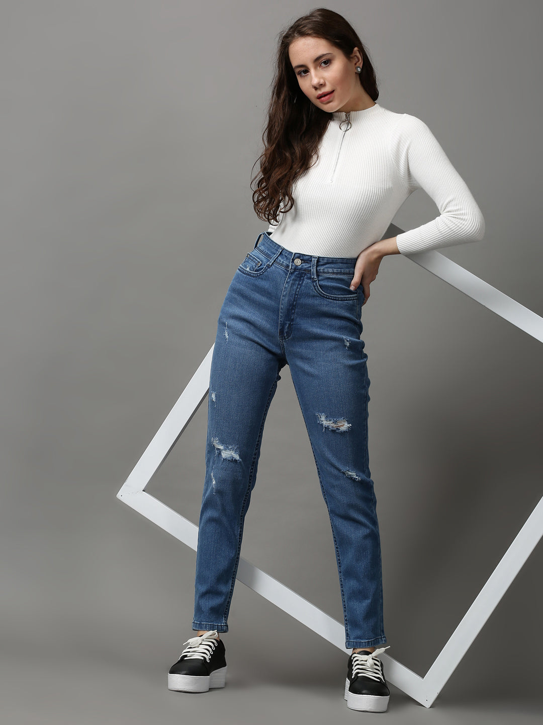 Women's Blue Solid Slim Fit Denim Jeans