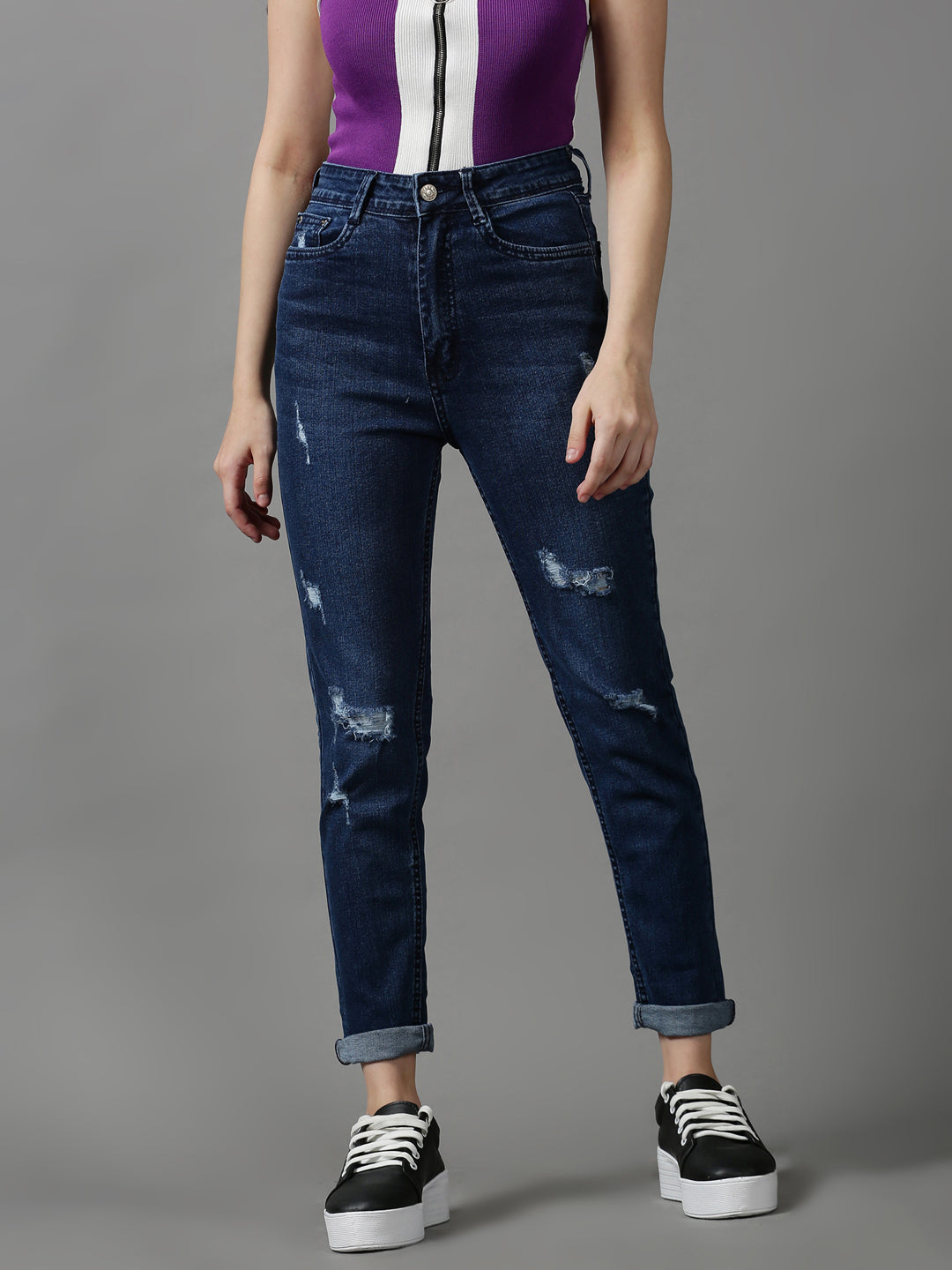 Women's Navy Blue Solid Slim Fit Denim Jeans