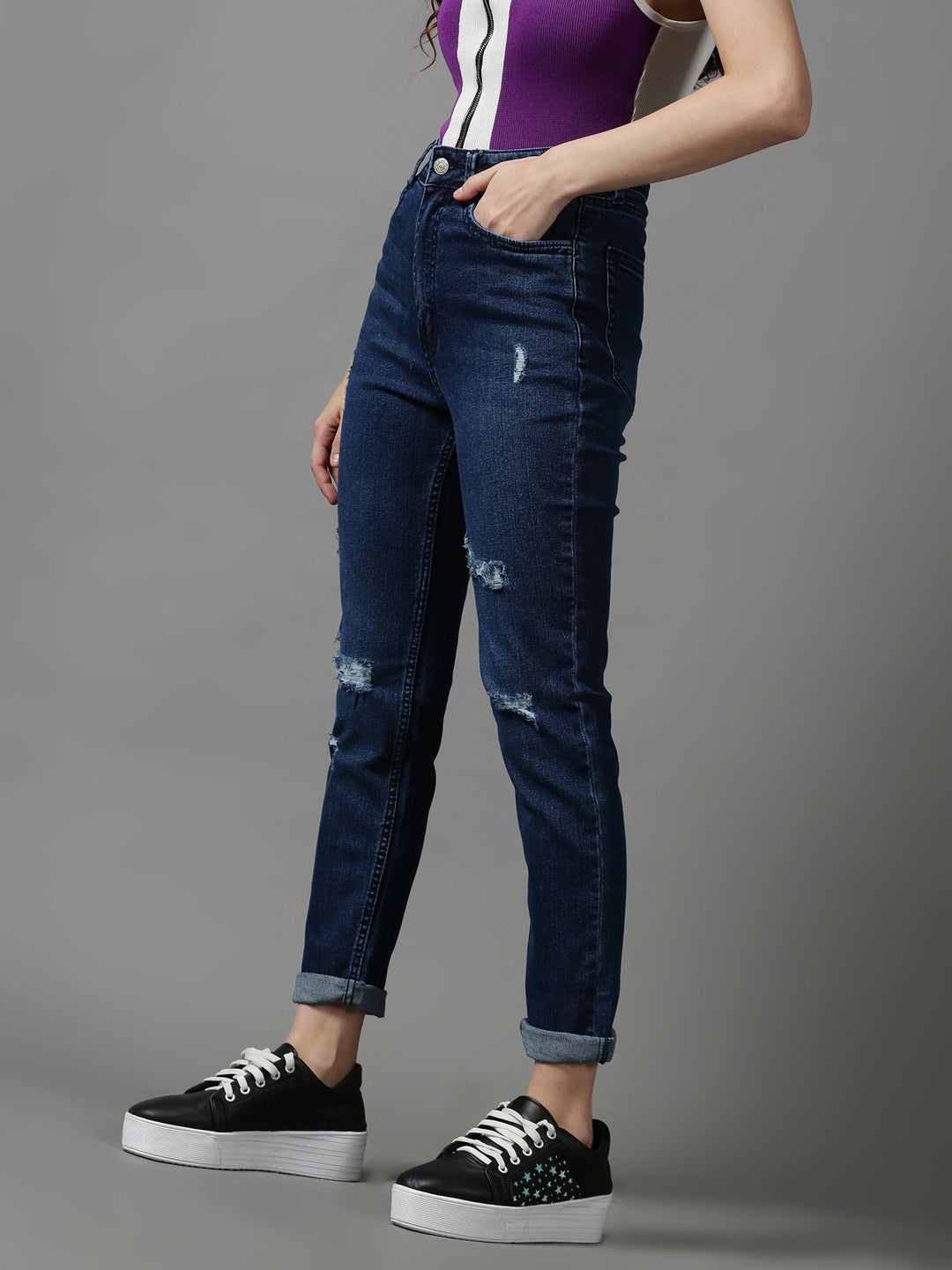 Women's Navy Blue Solid Slim Fit Denim Jeans