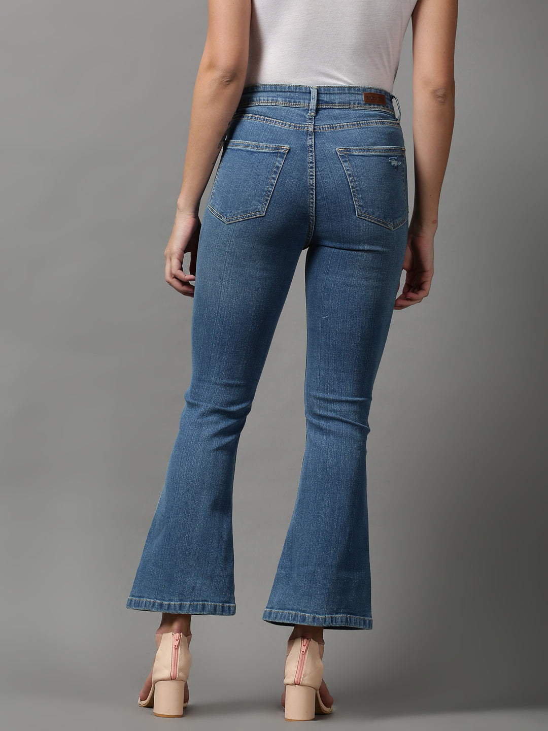 Women's Blue Bootcut Mildly Distressed Light Fade Stretchable Denim Jeans