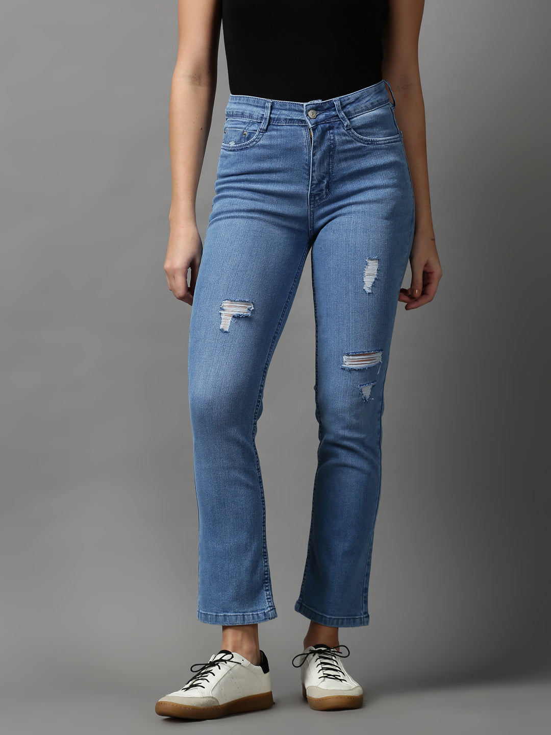 Women's Blue Solid Regular Fit Denim Jeans