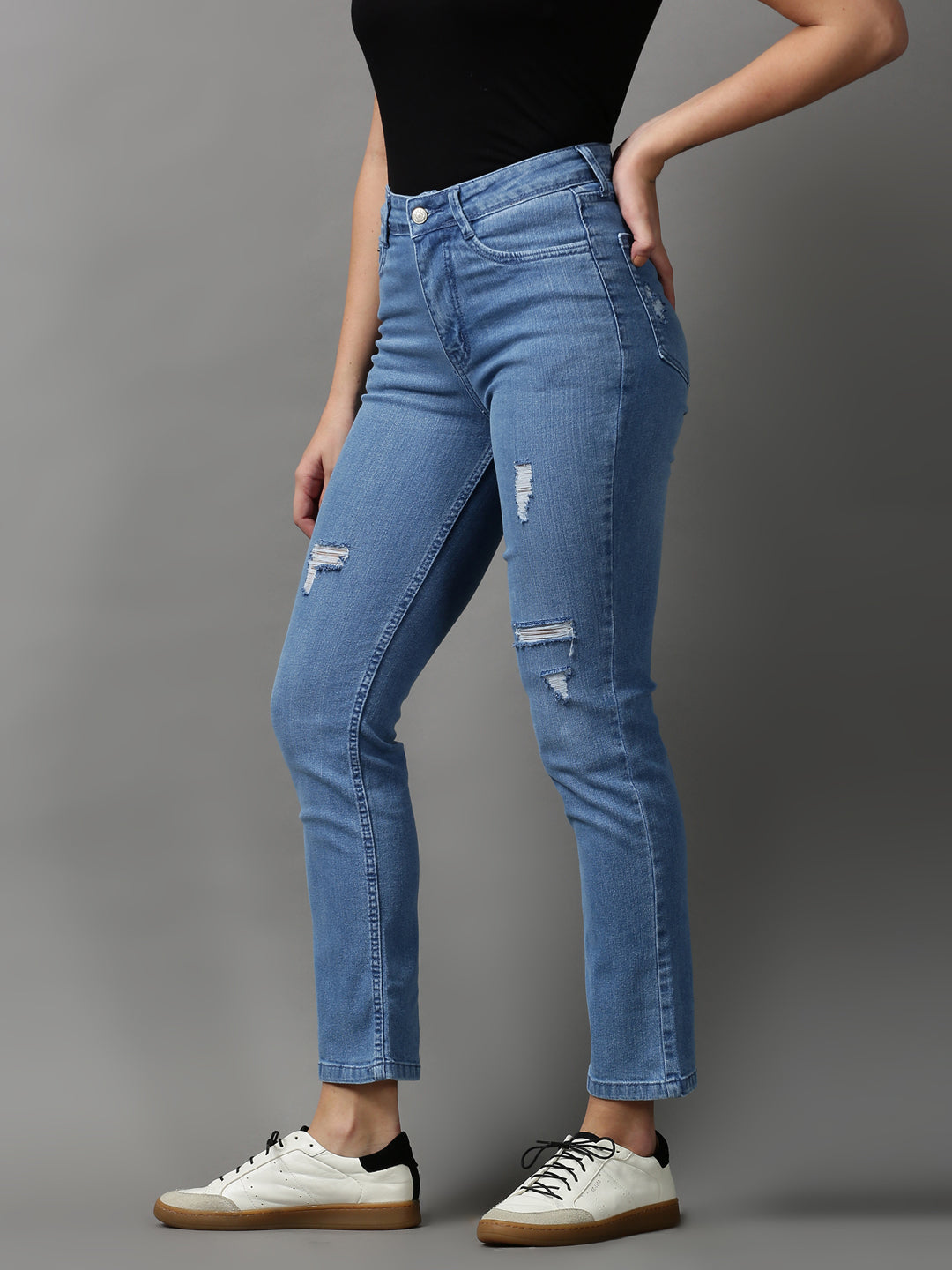 Women's Blue Solid Regular Fit Denim Jeans