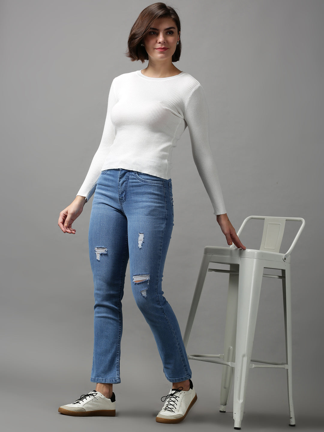 Women's Blue Solid Regular Fit Denim Jeans