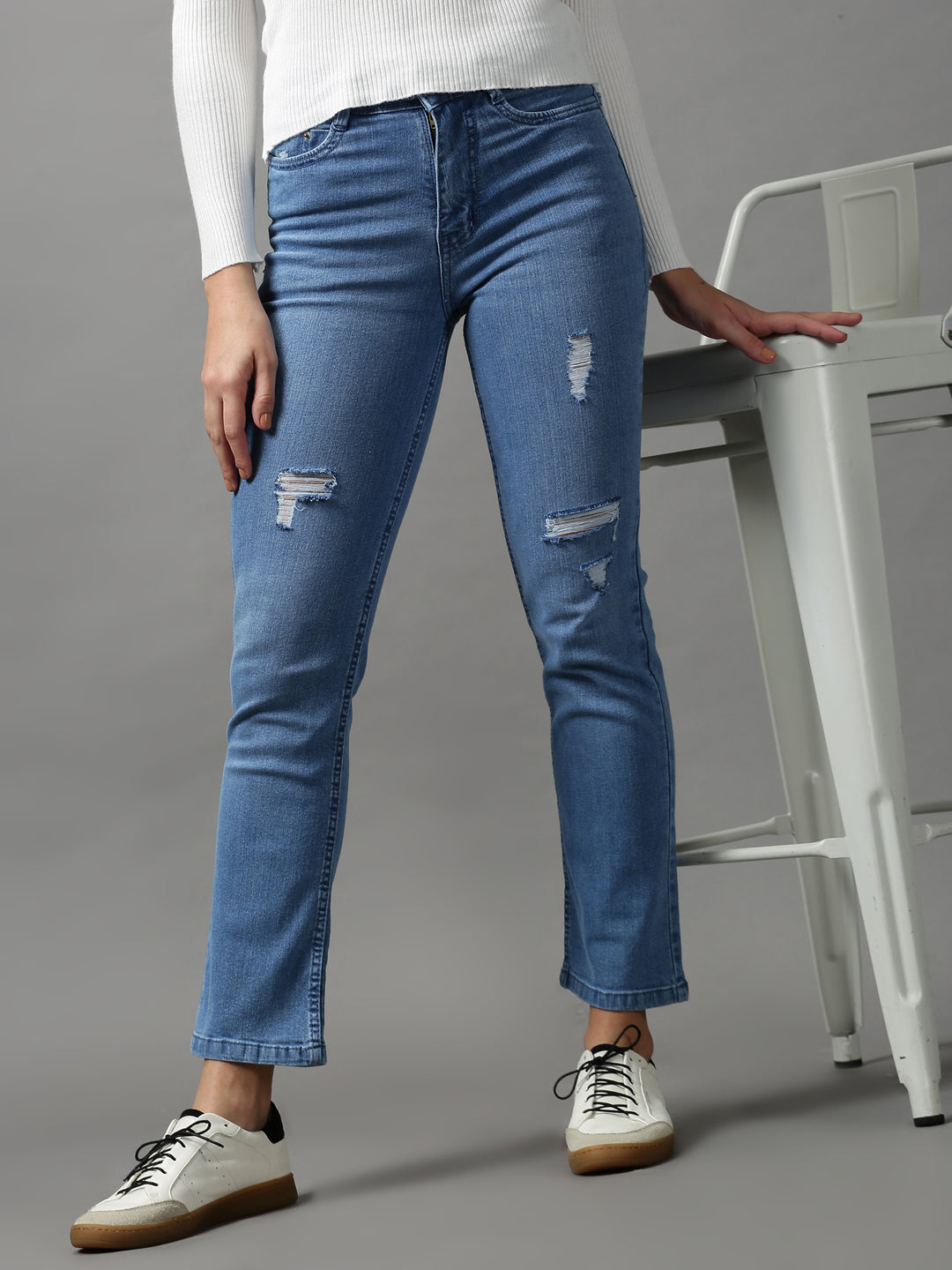 Women's Blue Solid Regular Fit Denim Jeans