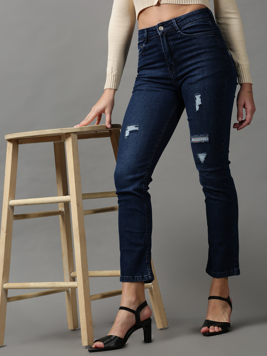 Women's Navy Blue Solid Fit Denim Jeans