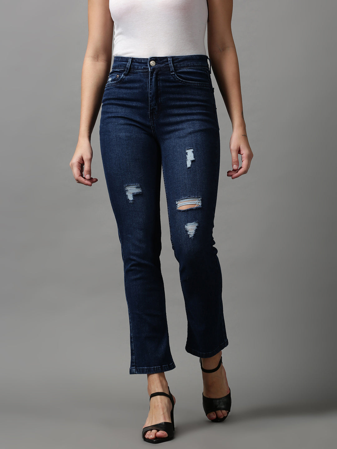 Women's Navy Blue Solid Fit Denim Jeans