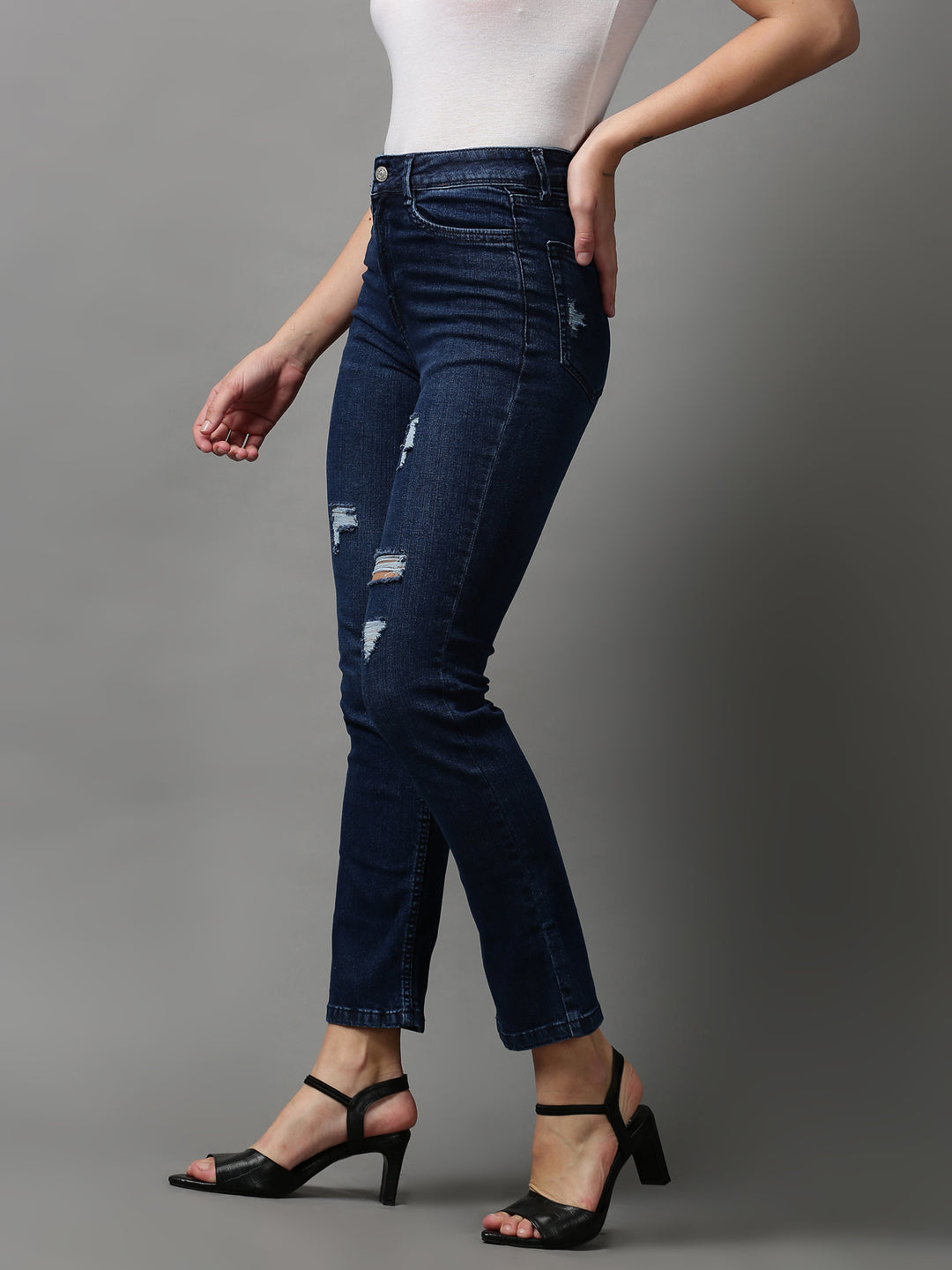 Women's Navy Blue Solid Fit Denim Jeans