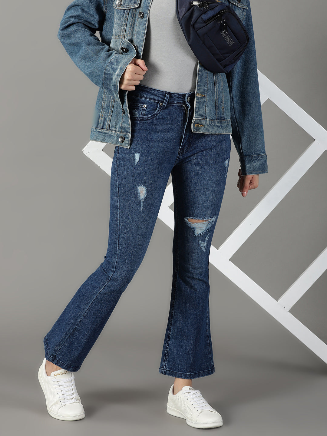 Women's Navy Blue Solid Bootcut Denim Jeans