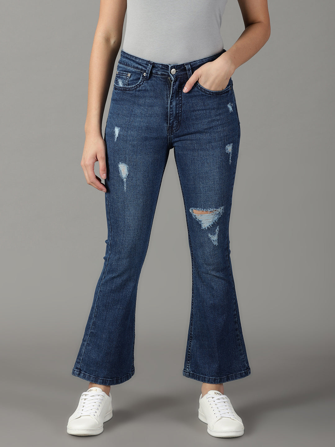 Women's Navy Blue Solid Bootcut Denim Jeans