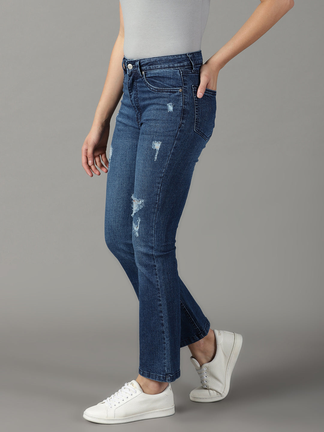 Women's Navy Blue Solid Bootcut Denim Jeans