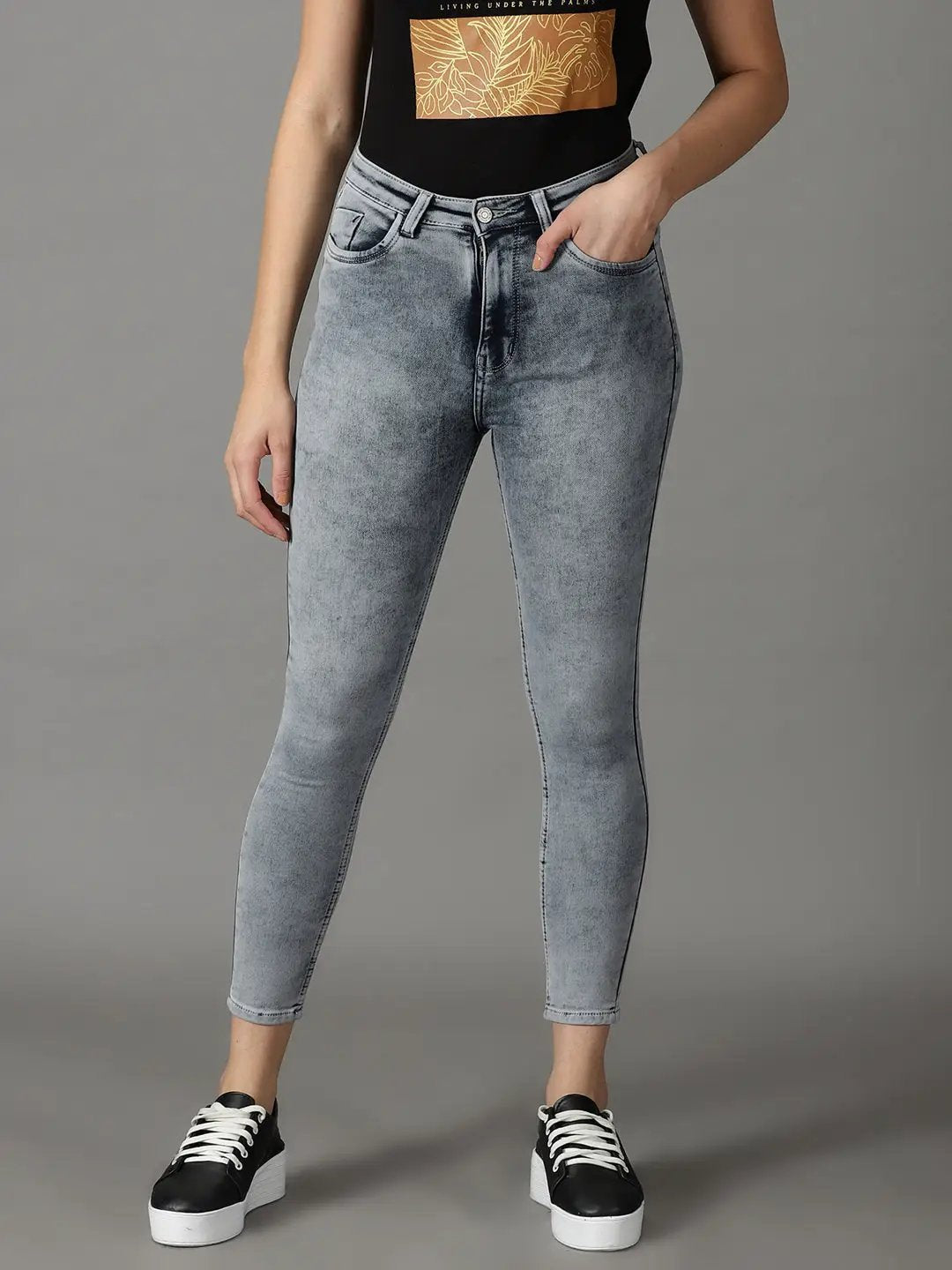 Women's Grey Solid Skinny Fit Denim Jeans