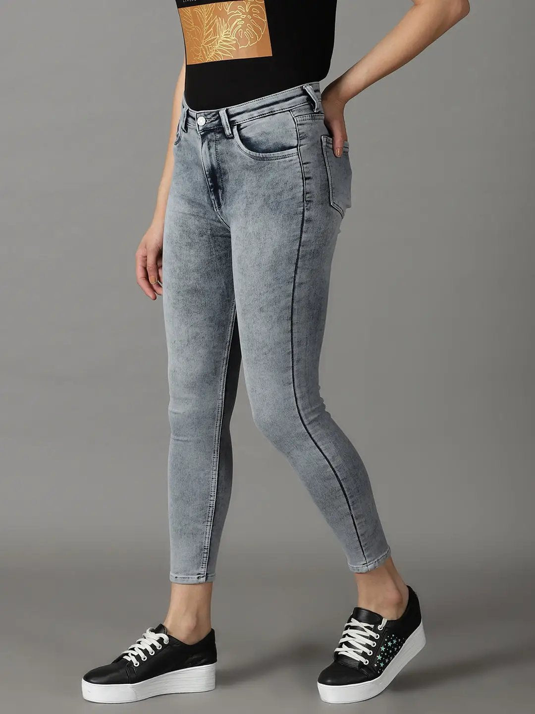 Women's Grey Solid Skinny Fit Denim Jeans