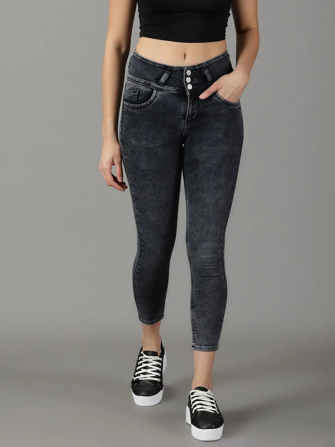 Women's Grey Solid Slim Fit Denim Jeans
