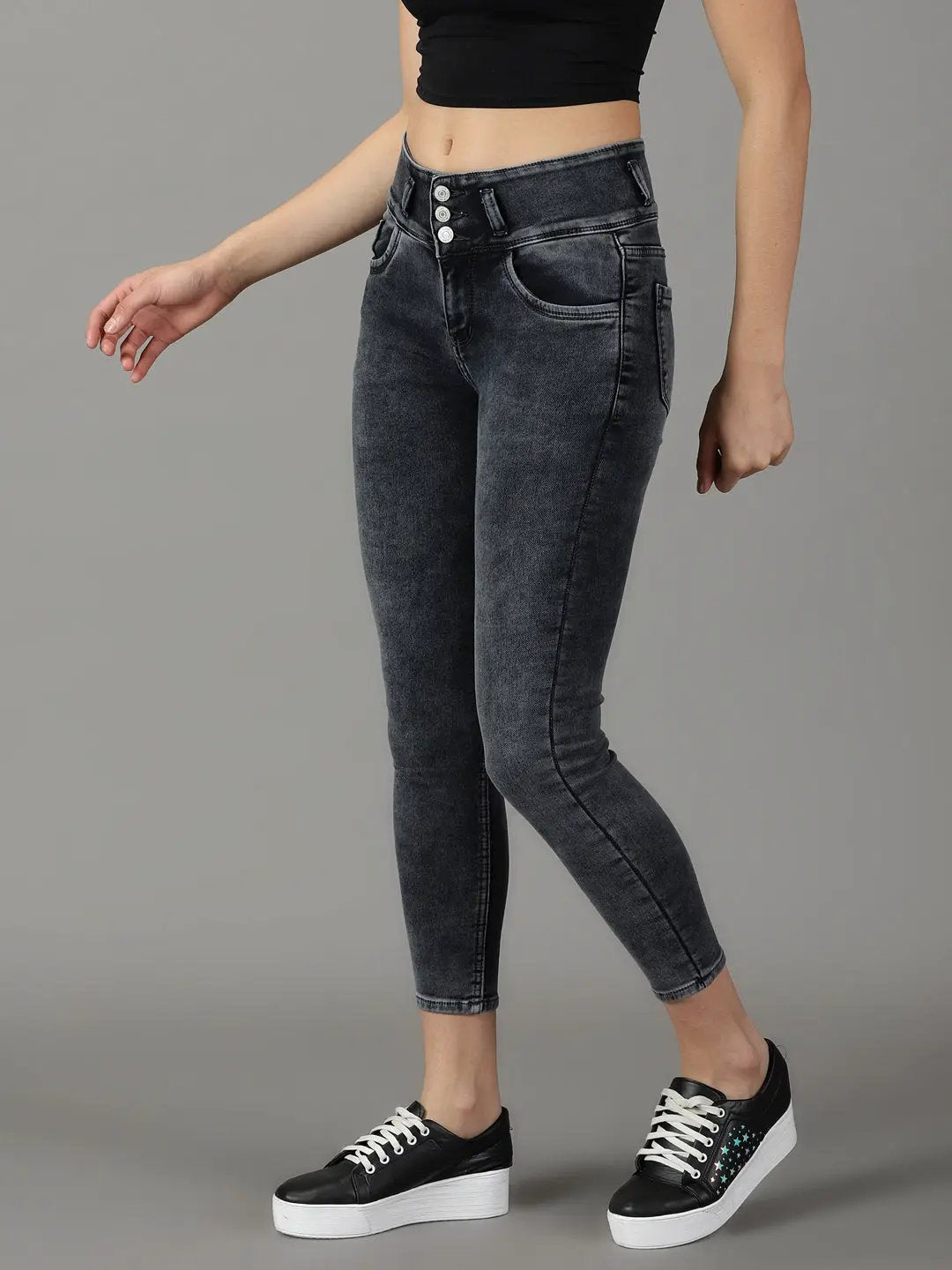 Women's Grey Solid Slim Fit Denim Jeans