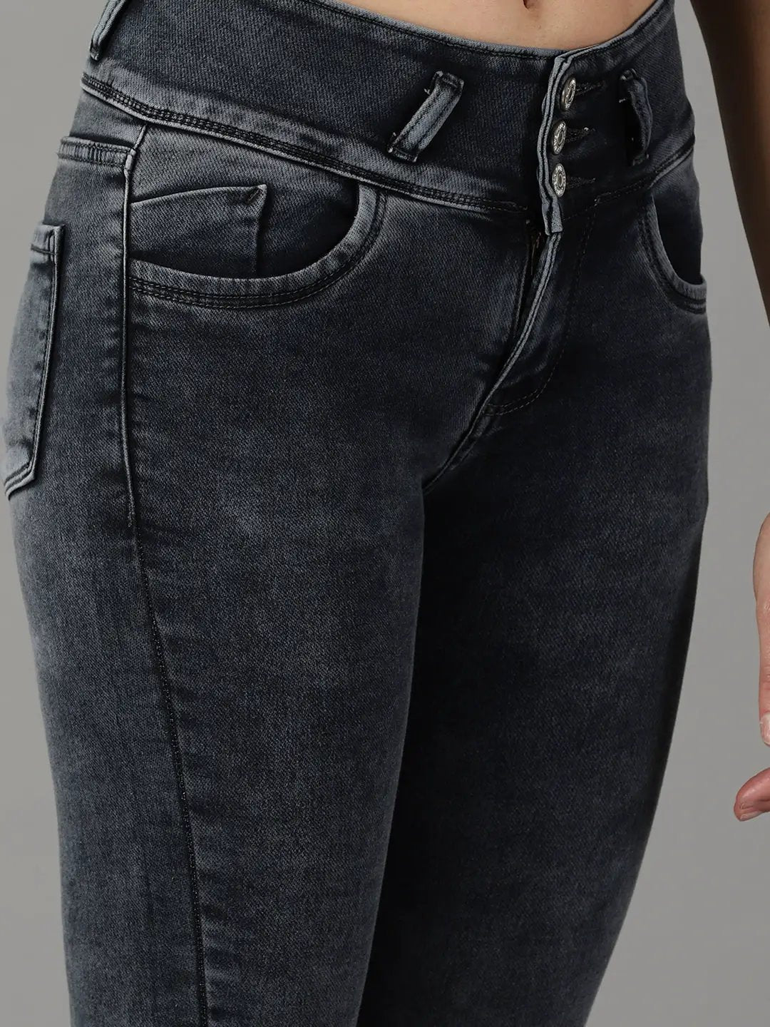 Women's Grey Solid Slim Fit Denim Jeans