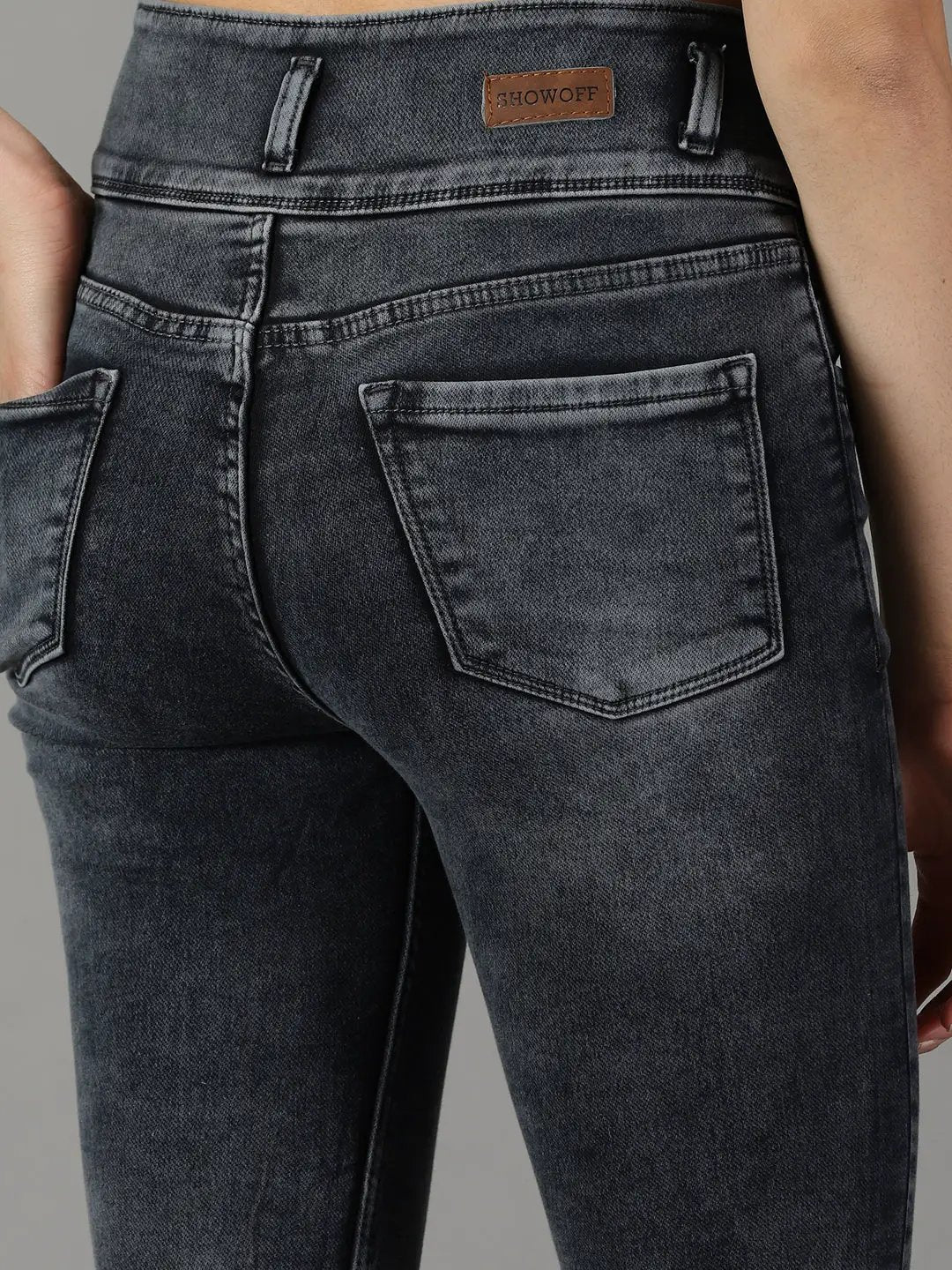 Women's Grey Solid Slim Fit Denim Jeans