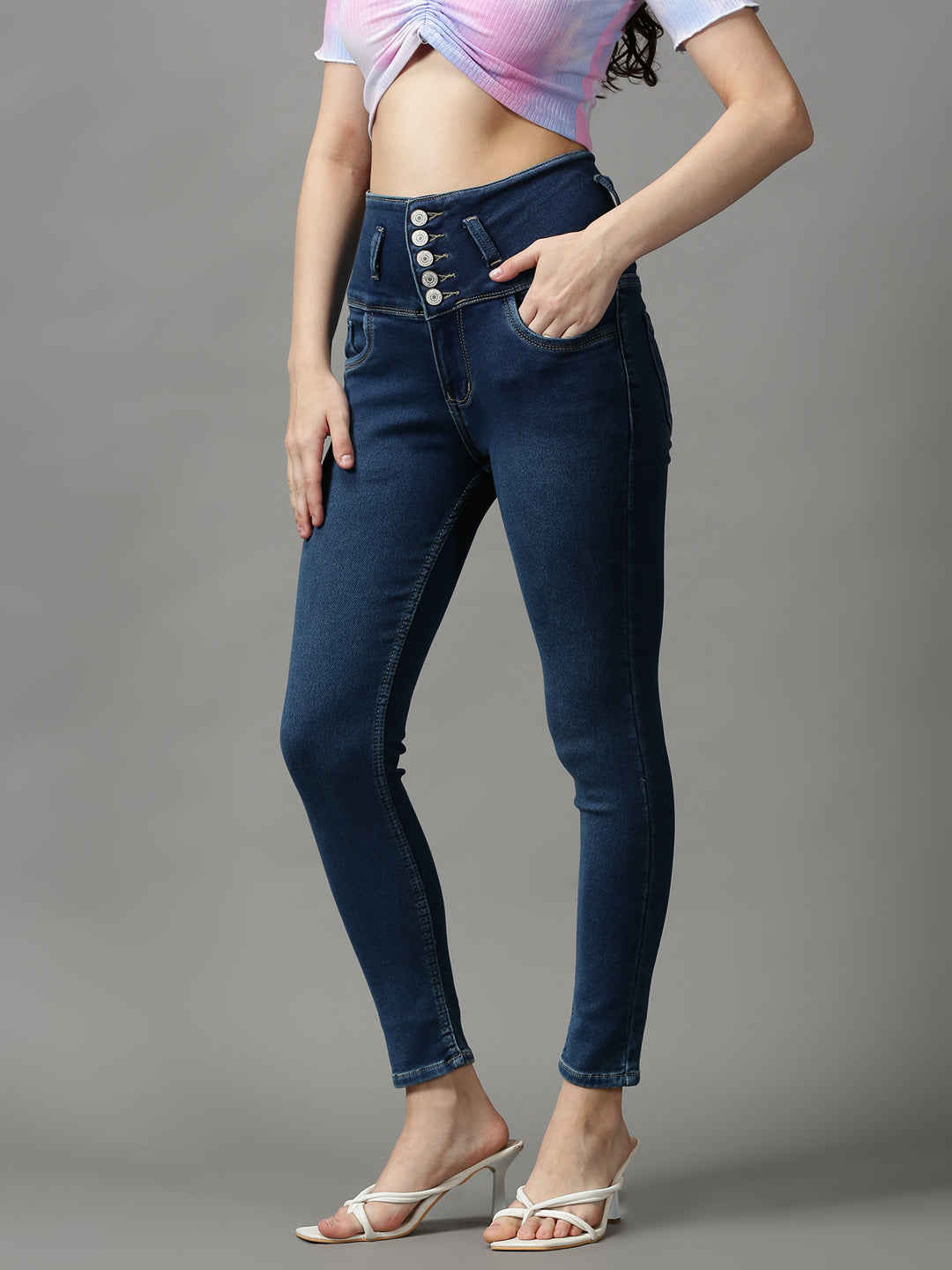 Women's Navy Blue Solid Skinny Fit Denim Jeans