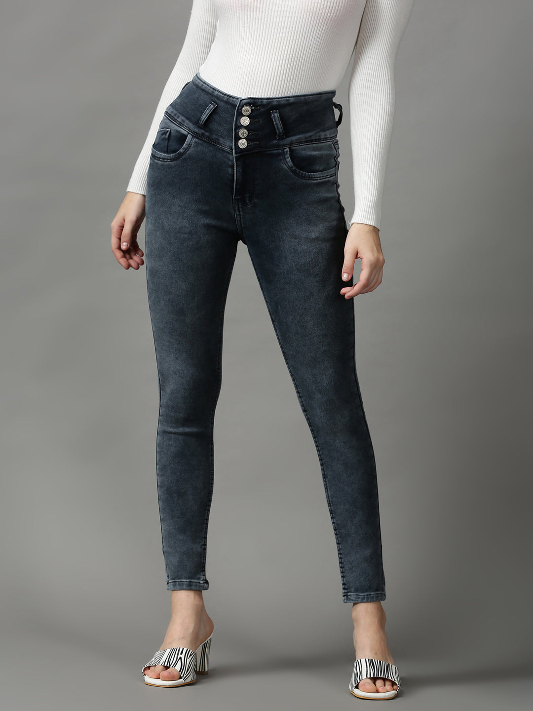 Women's Grey Solid Skinny Fit Denim Jeans