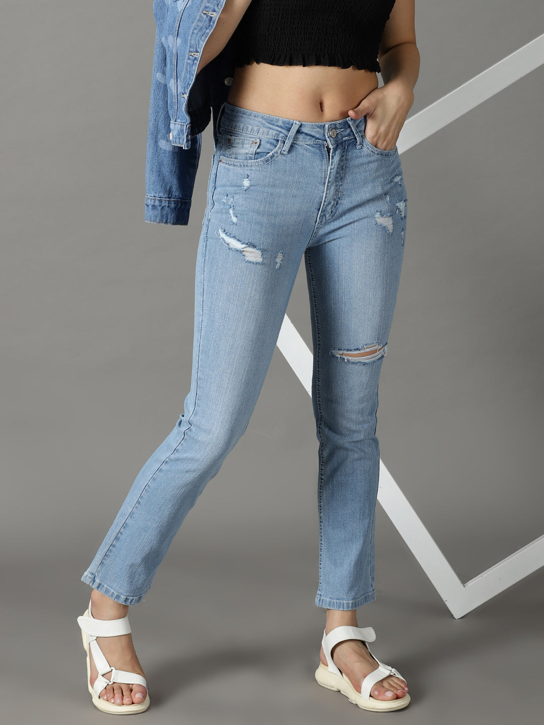 Women's Blue Solid Relaxed Fit Denim Jeans