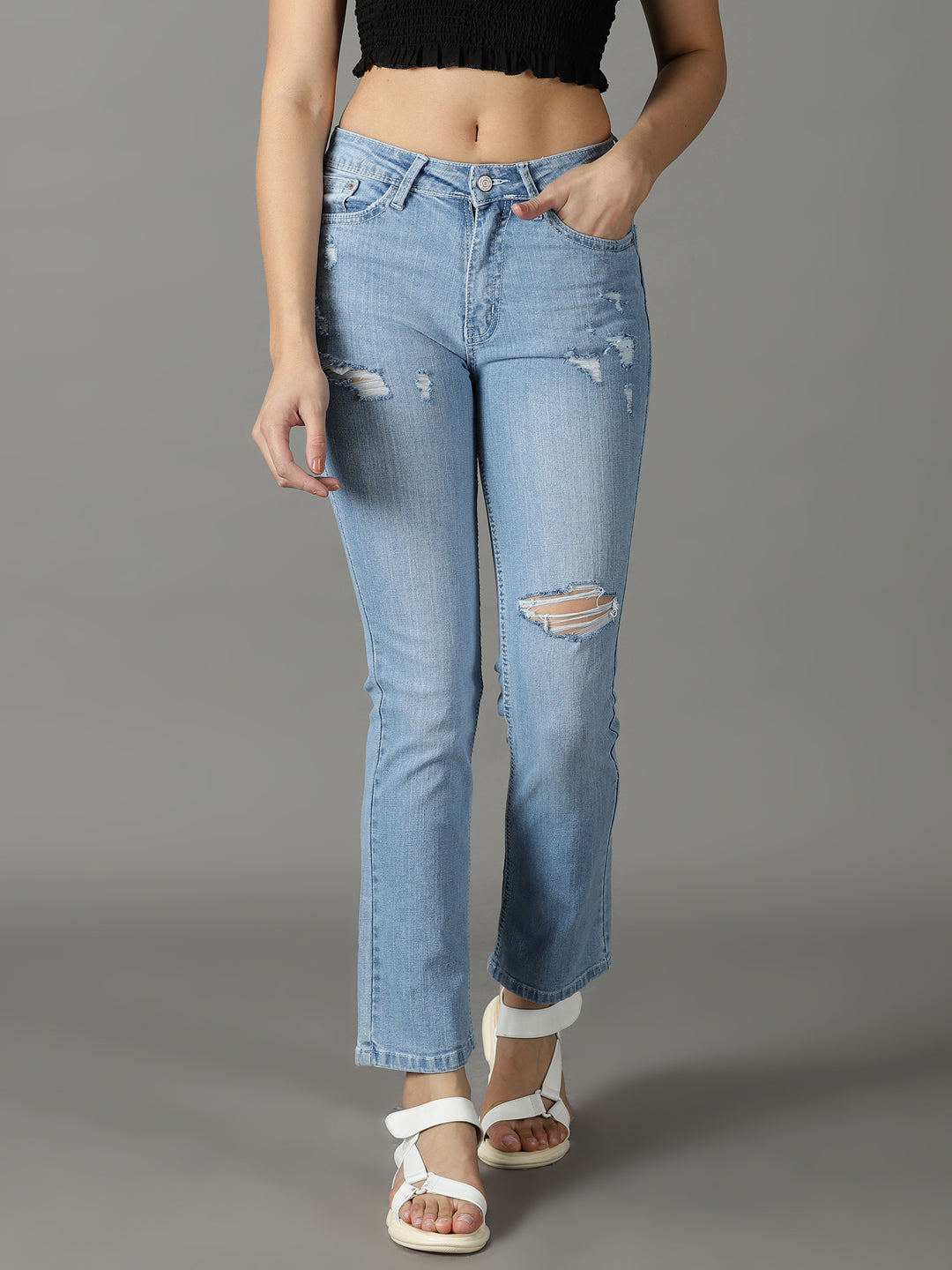 Women's Blue Solid Relaxed Fit Denim Jeans