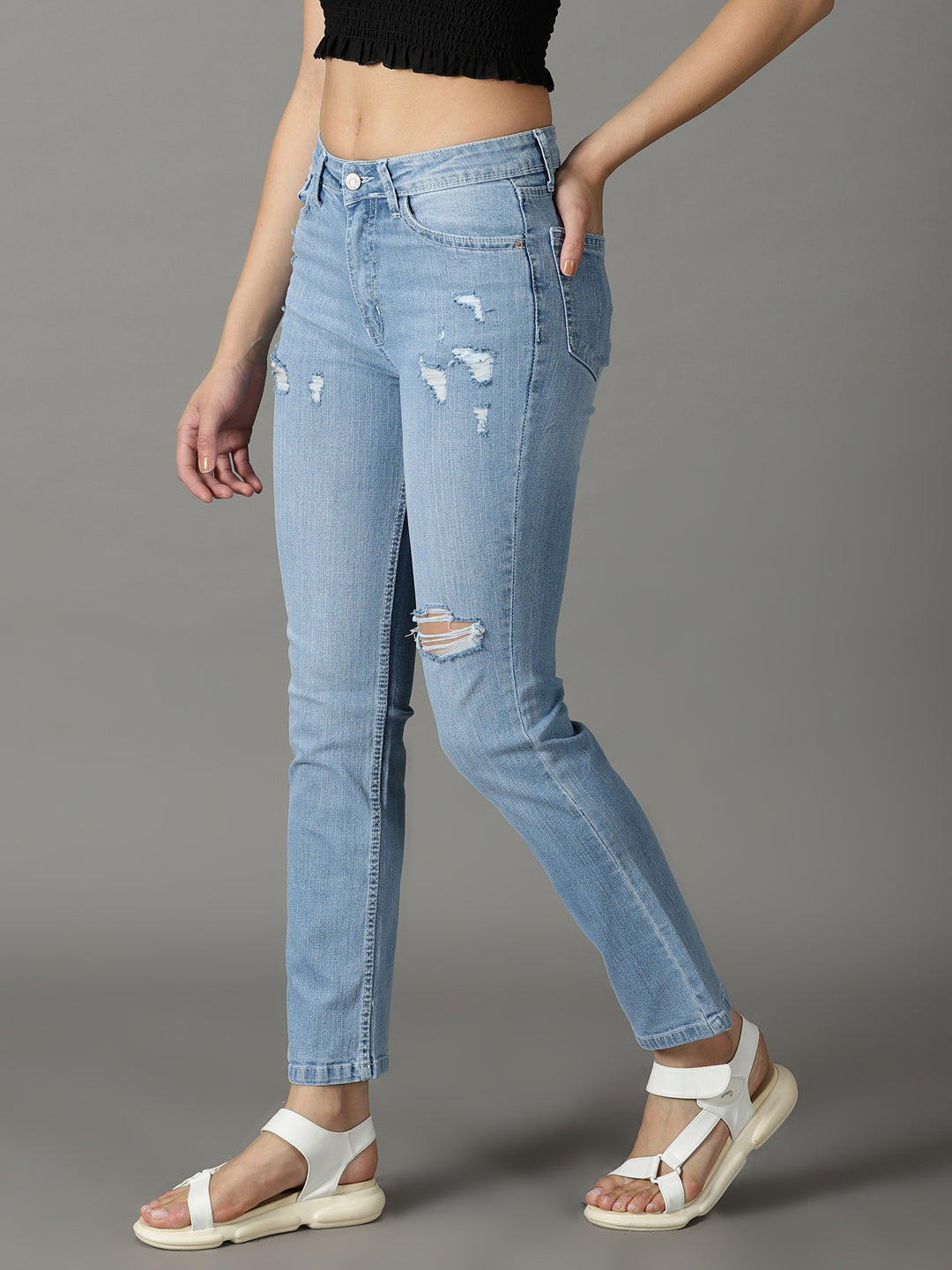 Women's Blue Solid Relaxed Fit Denim Jeans