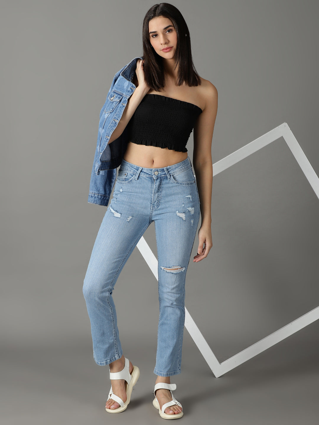 Women's Blue Solid Relaxed Fit Denim Jeans