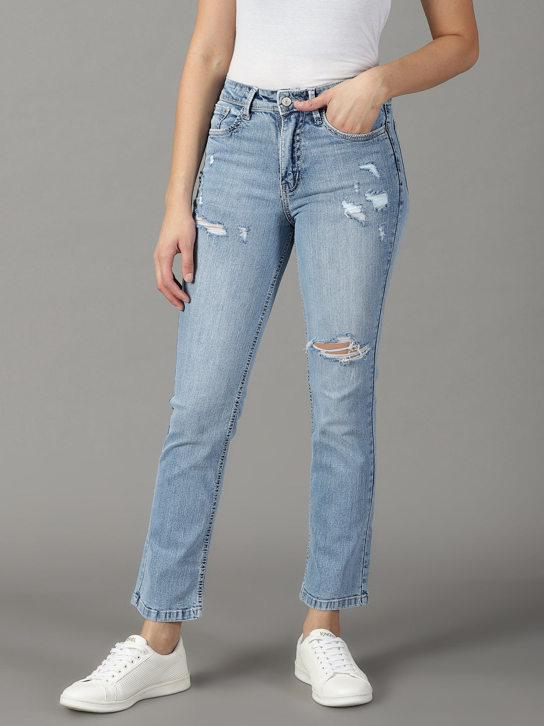 Women's Blue Solid Relaxed Fit Denim Jeans