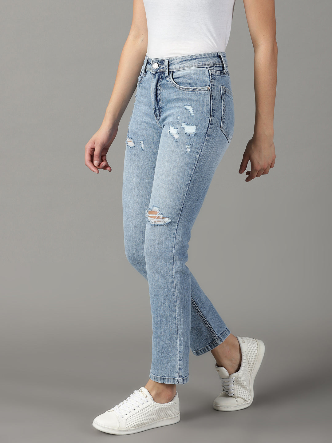 Women's Blue Solid Relaxed Fit Denim Jeans