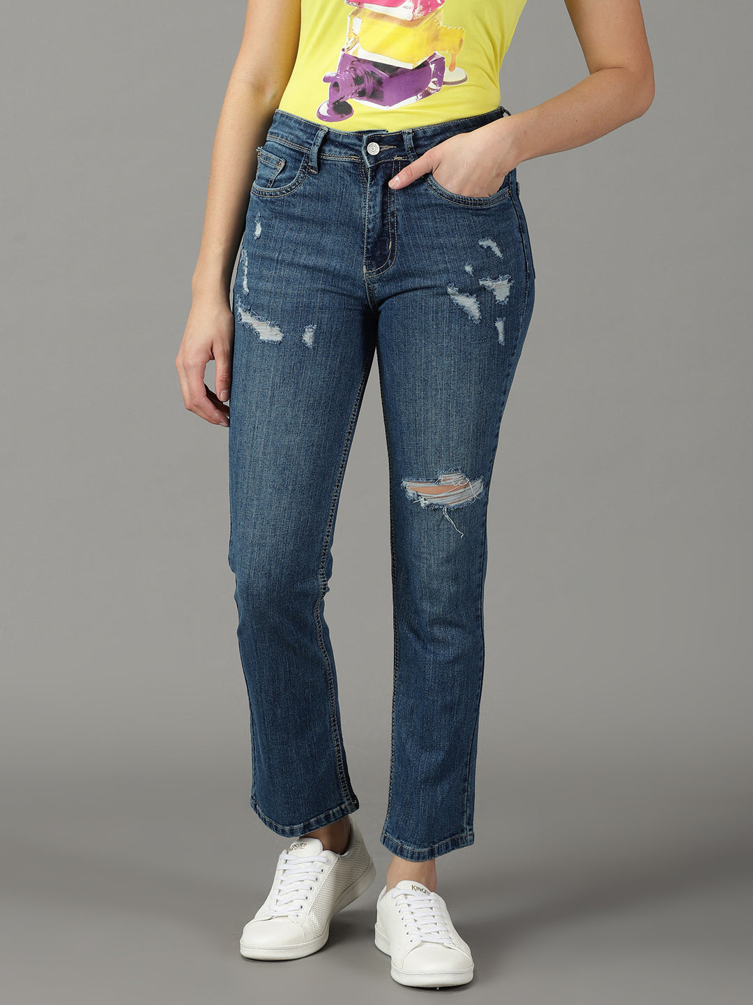 Women's Navy Blue Solid Relaxed Fit Denim Jeans