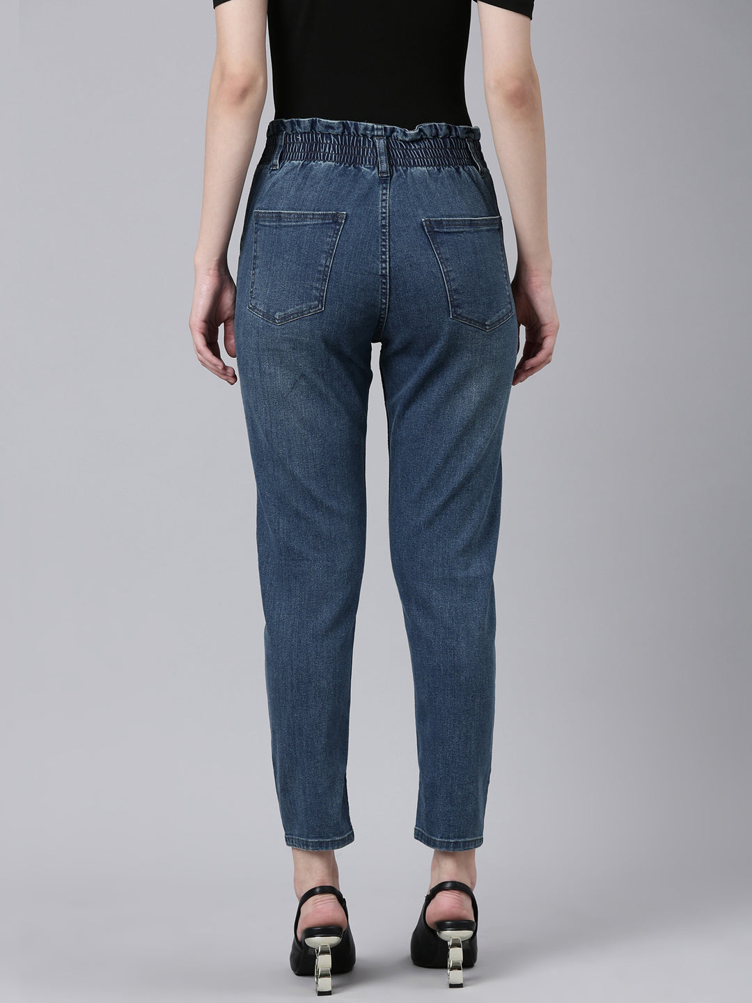 Women's Navy Blue Mom Fit Acid Wash Cropped Denim Jeans