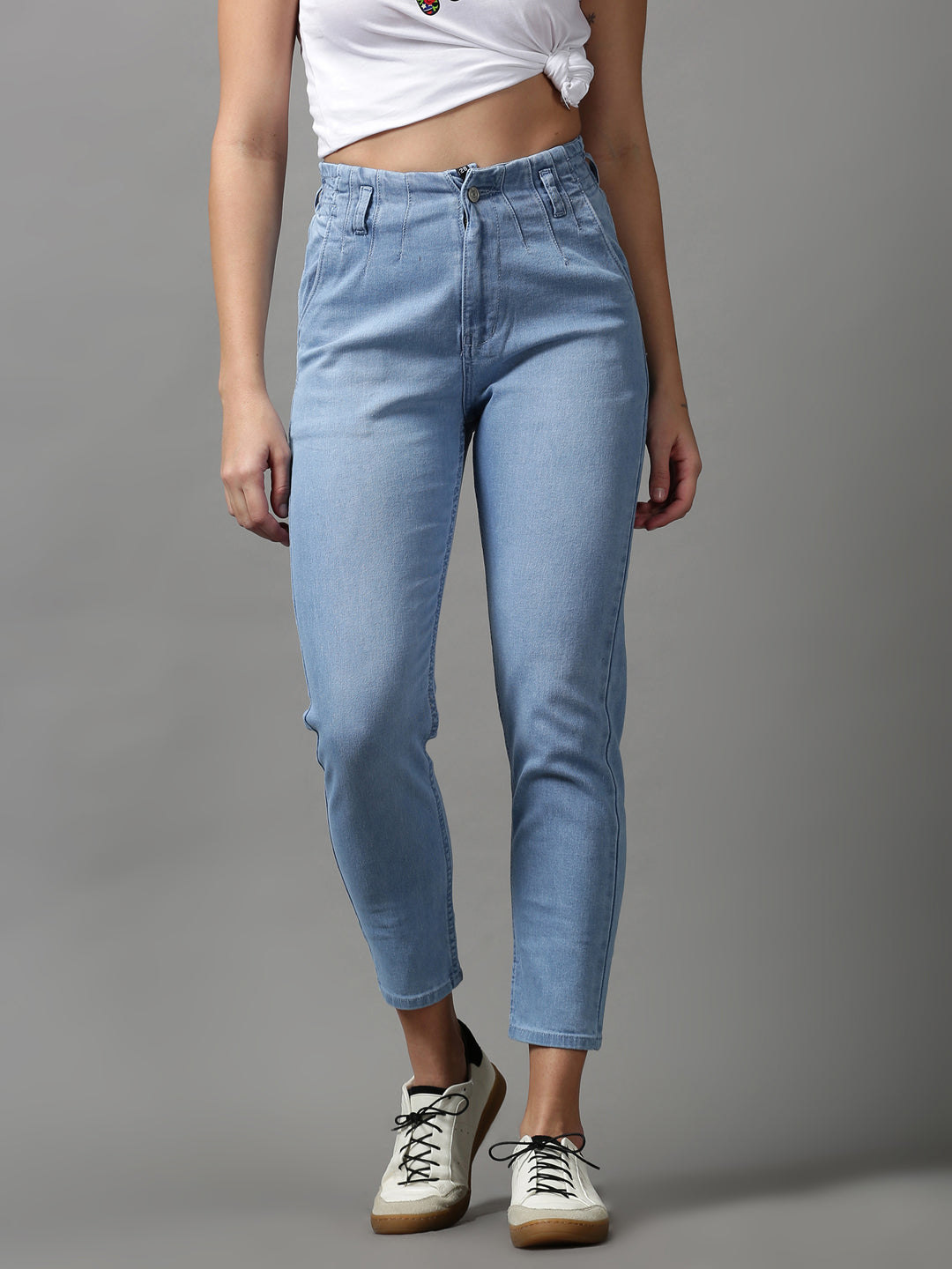 Women's Blue Solid Boyfriend Fit Denim Jeans