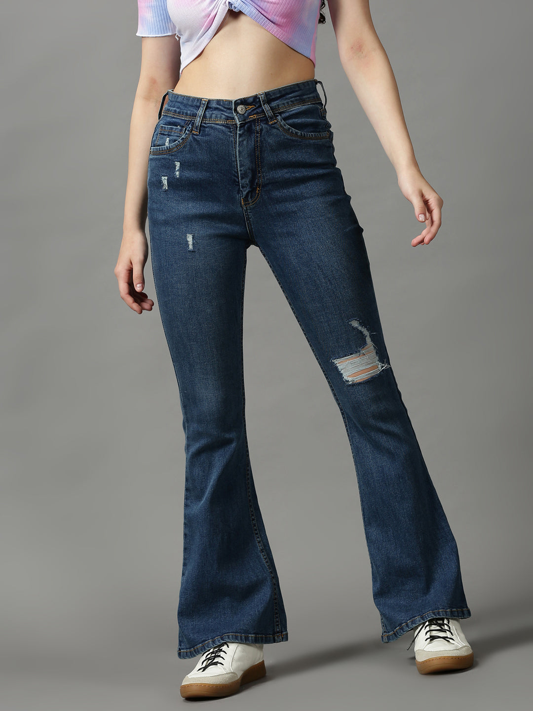 Women's Blue Solid Bootcut Denim Jeans