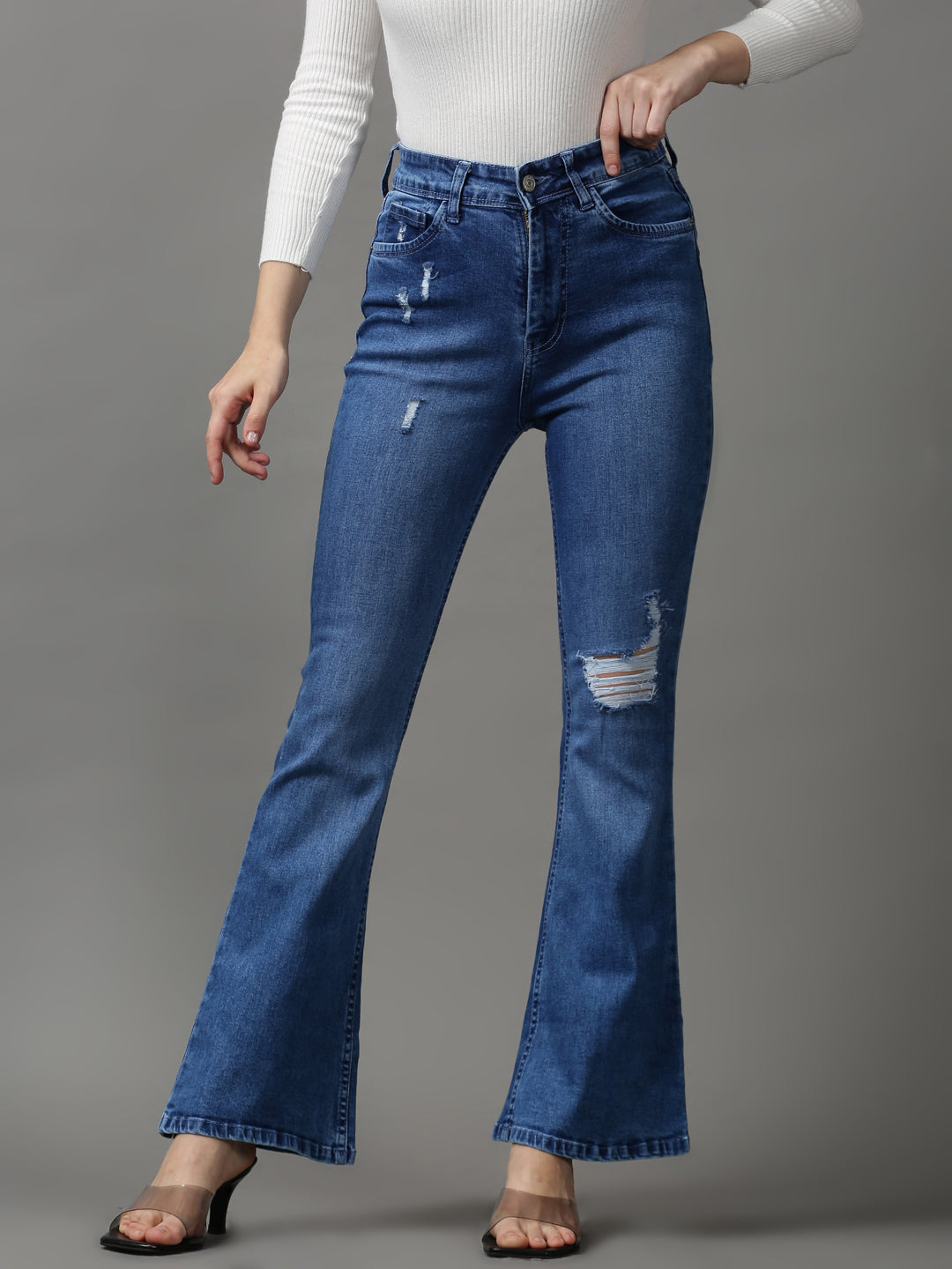 Women's Blue Solid Bootcut Denim Jeans