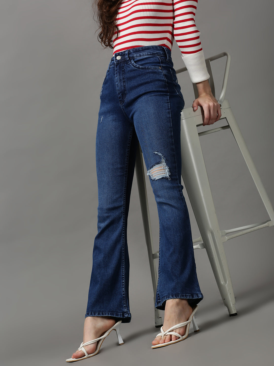 Women's Navy Blue Solid Bootcut Denim Jeans