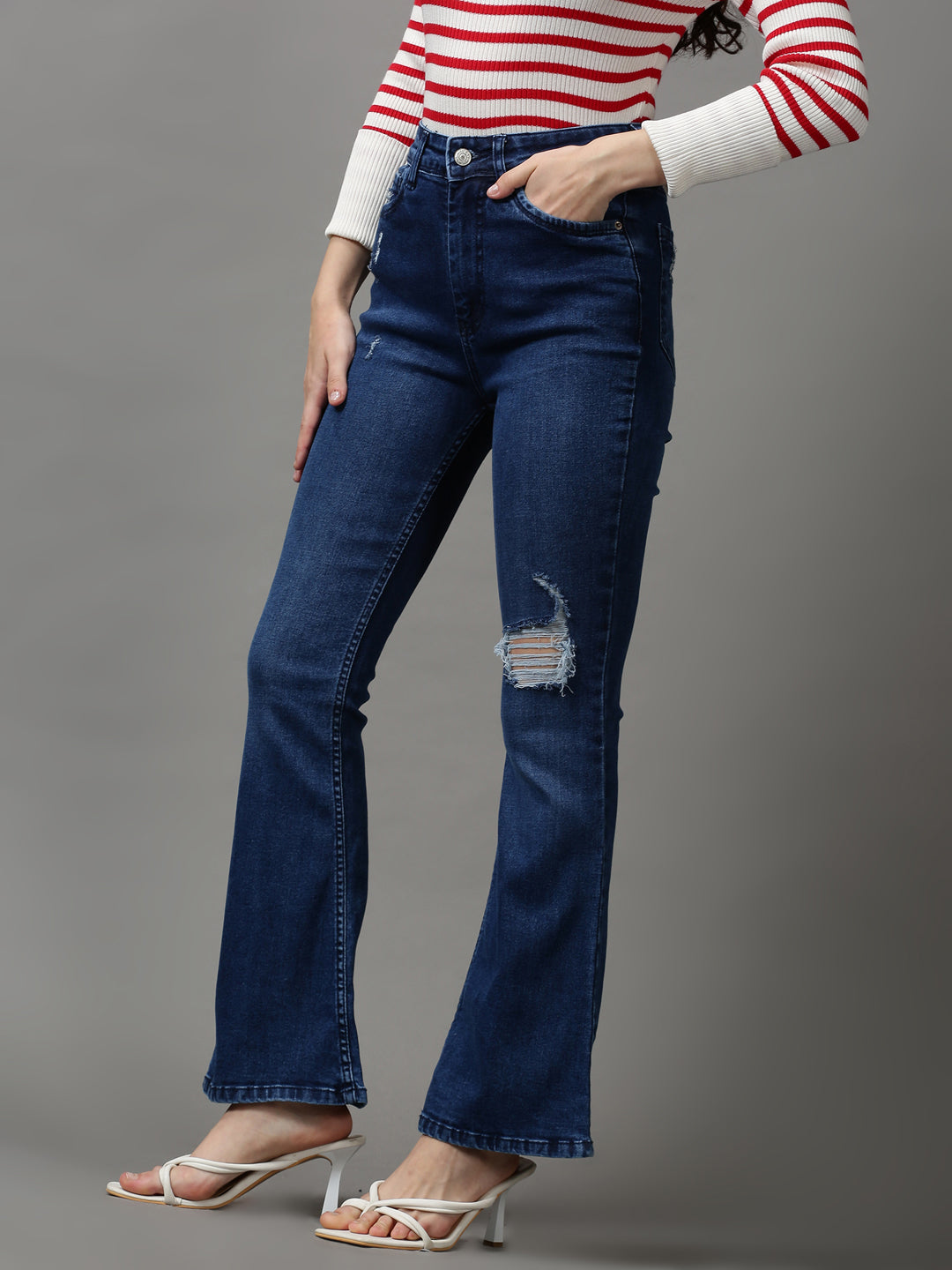 Women's Navy Blue Solid Bootcut Denim Jeans