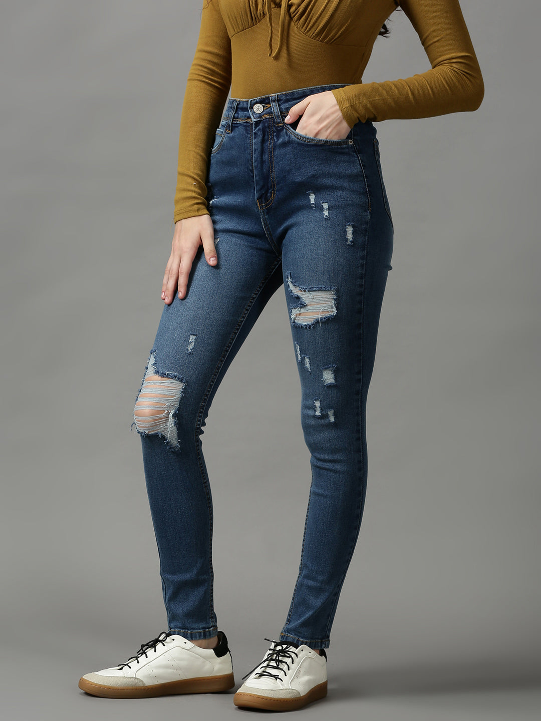 Women's Blue Solid Skinny Fit Denim Jeans