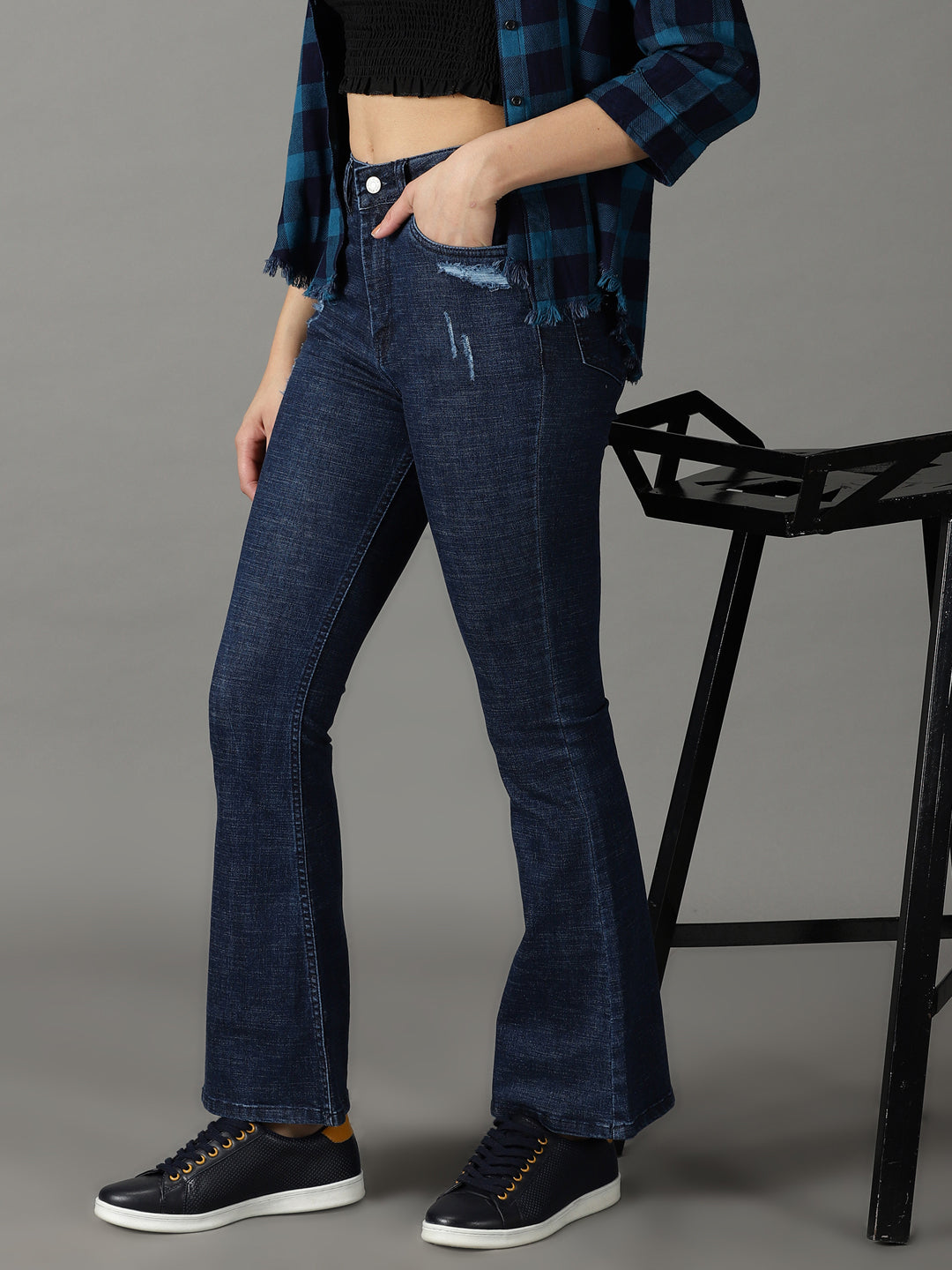 Women's Navy Blue Solid Fit Denim Jeans