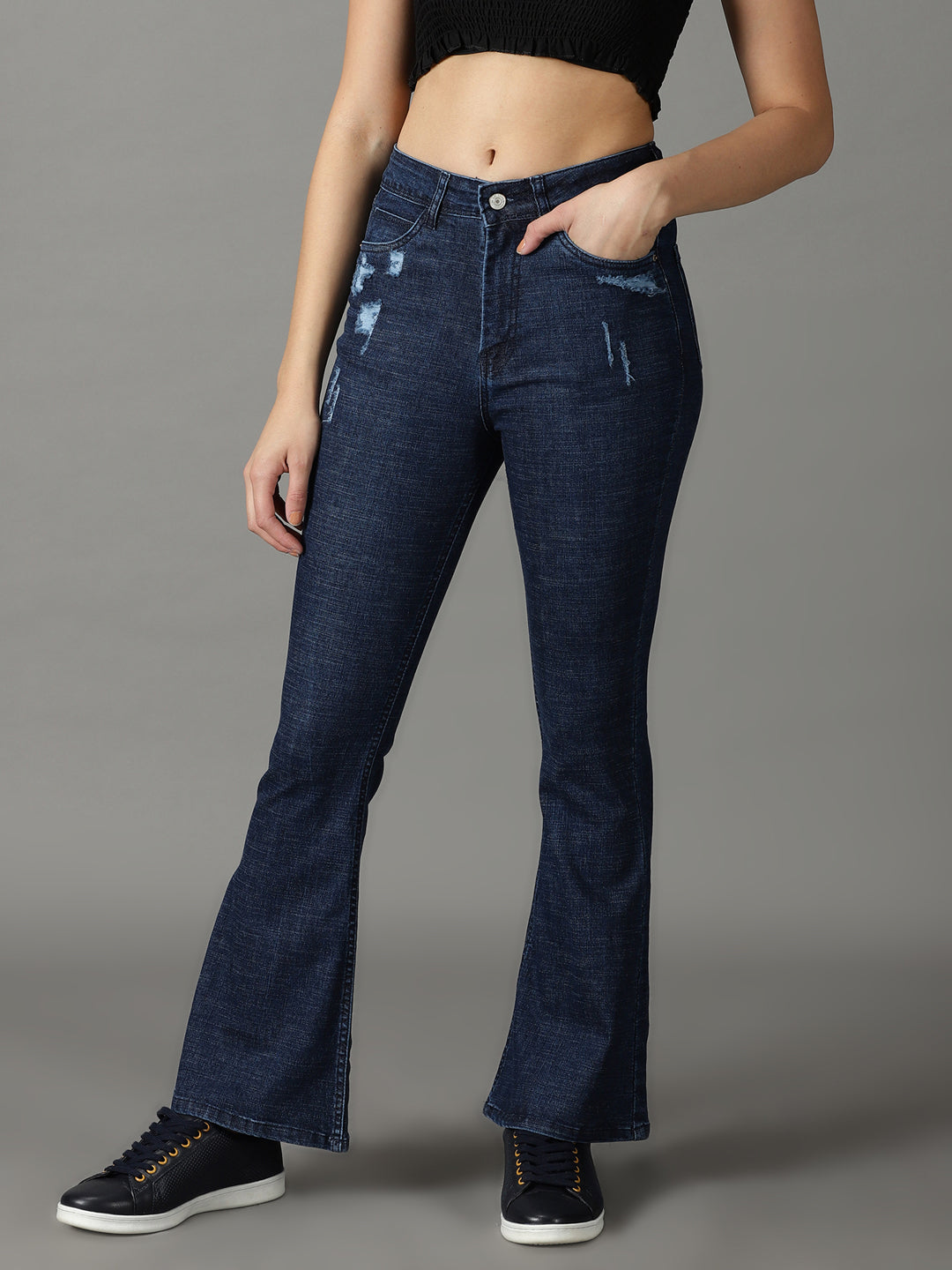 Women's Navy Blue Solid Fit Denim Jeans