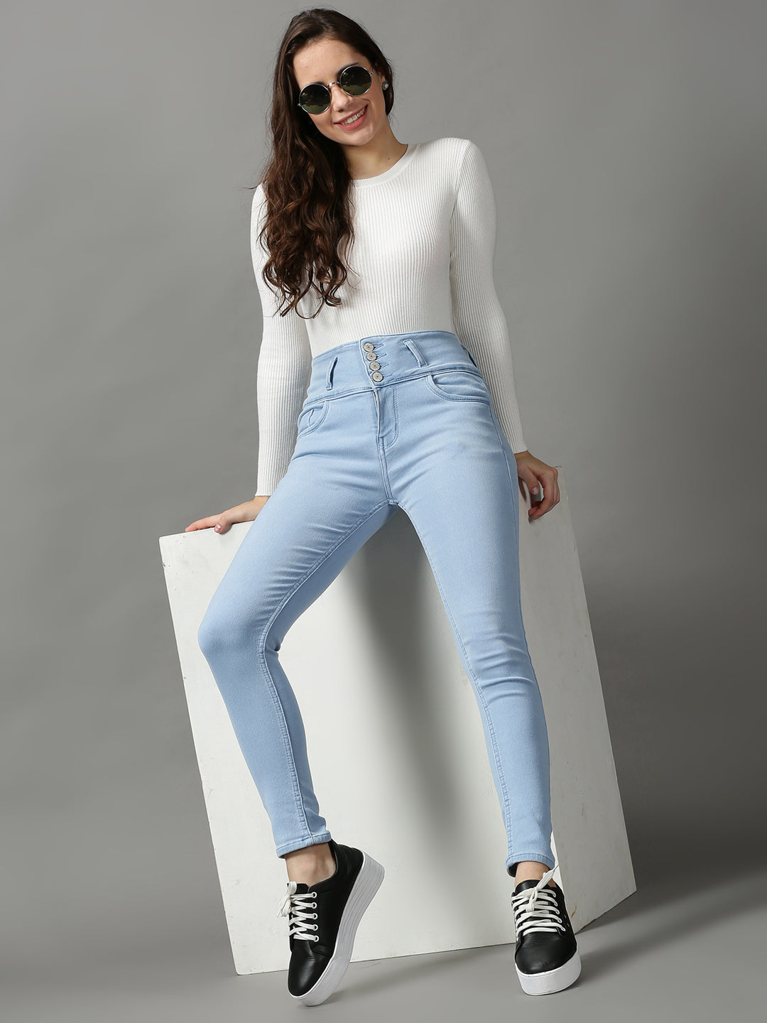 Women's Blue Solid Skinny Fit Denim Jeans