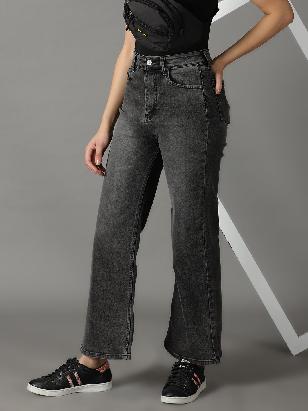 Women's Grey Solid Wide Leg Denim Jeans